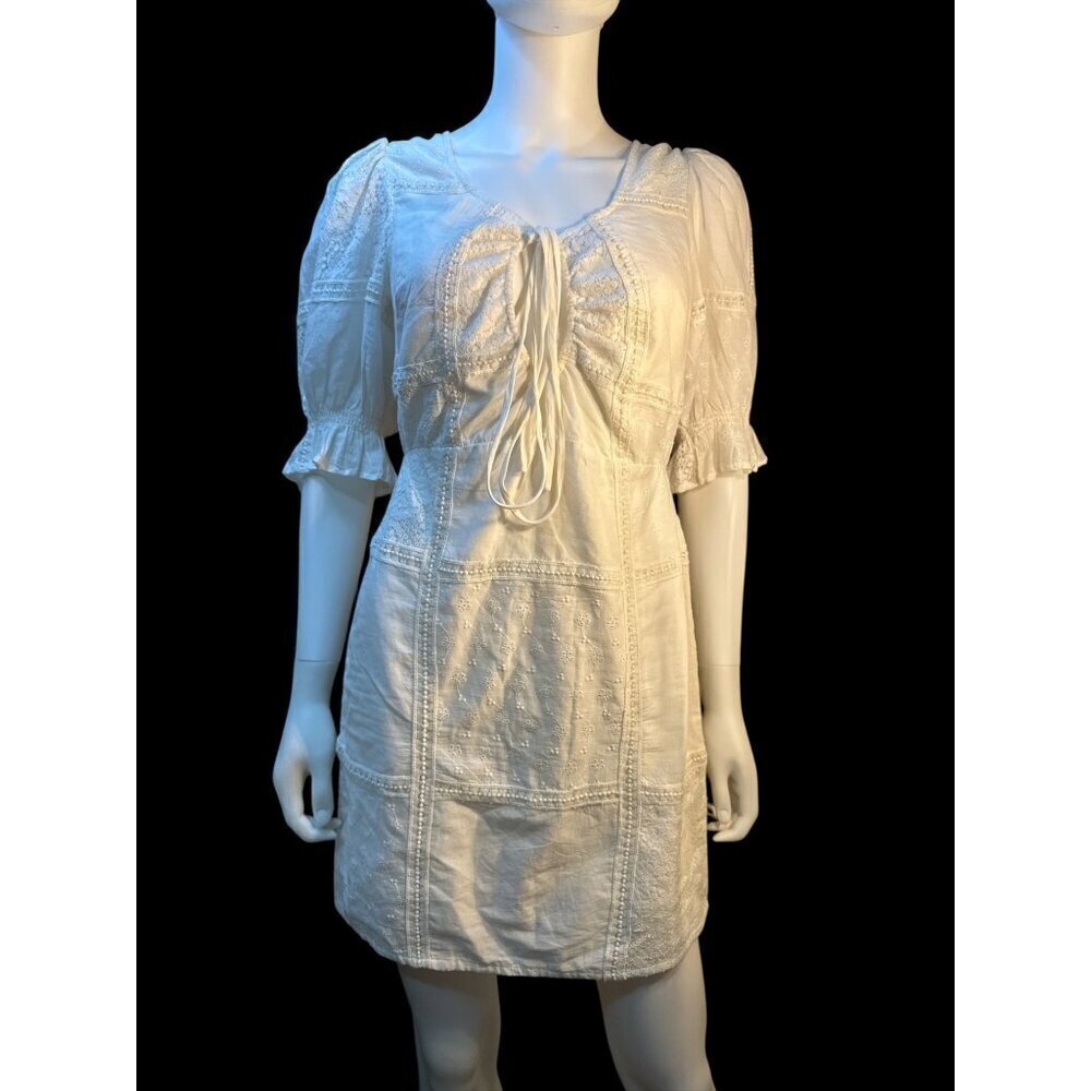 Tularosa Mini Dress With Puff Sleeves & Tie Front Bridal Size S 100% Cotton EUC